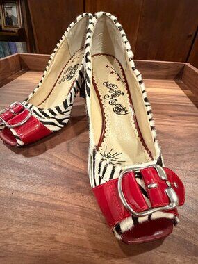Naughty Monkey Zebra & Red Patent Leather Heels, Size 9.5